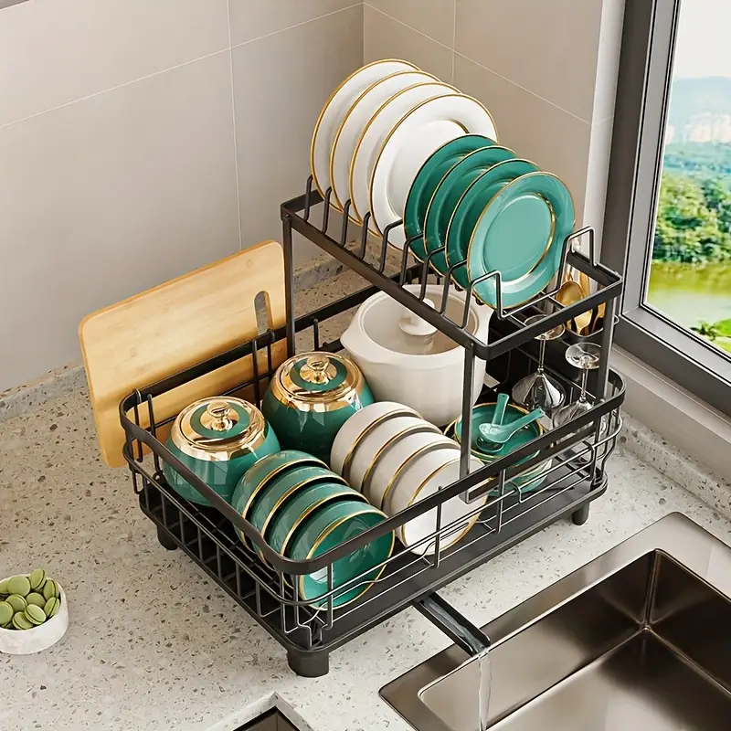 dish dryingrack rotatable drain spout 2tier dish drainer with utensil holder large dish drying rack dish rack with chopstick holder multifunctional dish rack for kitchen counter Product details 2