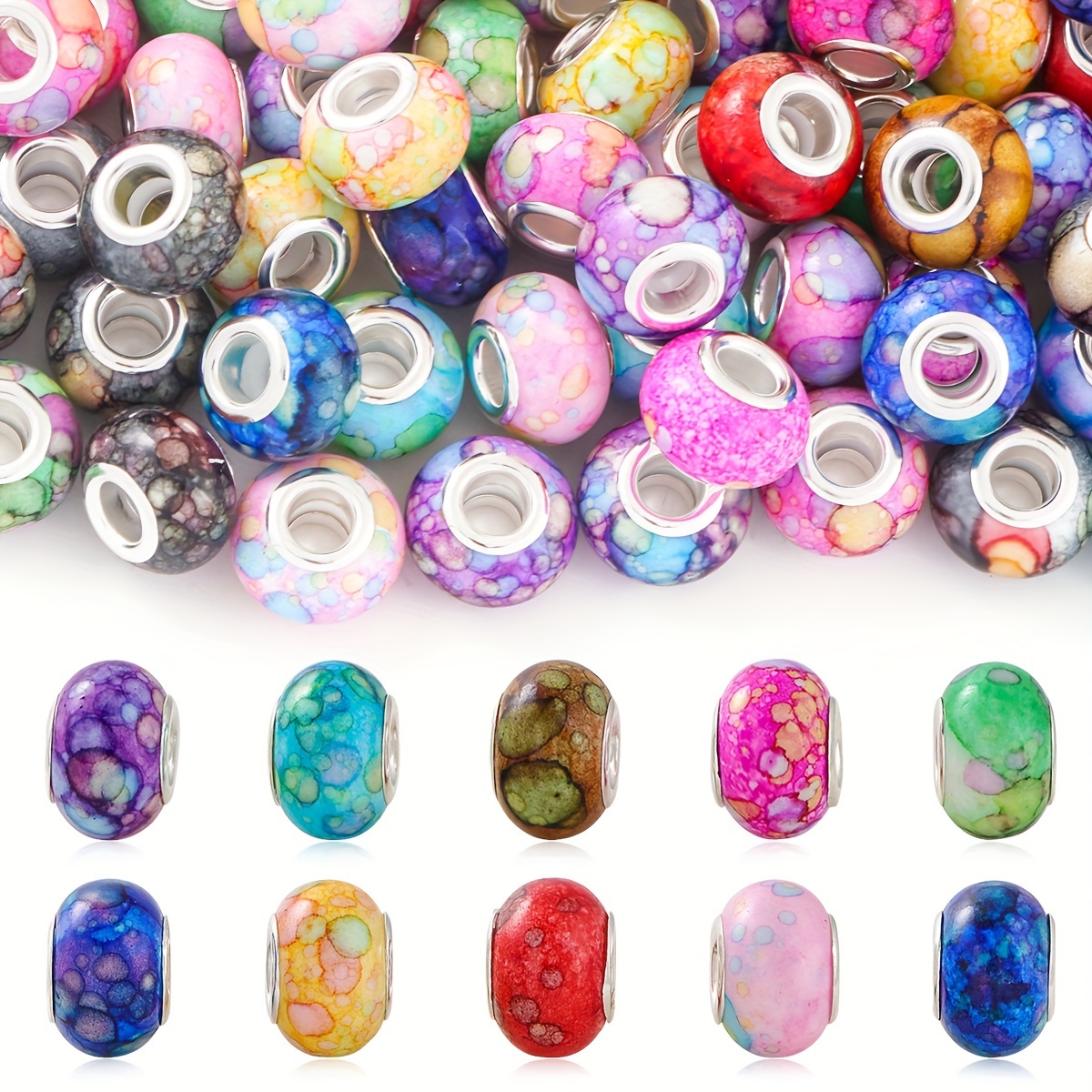 

100pcs Glass Bead Charms For Jewelry Making, Mixed Color Handcrafted Lampwork Beads With Silver Plated Cores, Ideal For Bracelet Necklace Diy Crafts