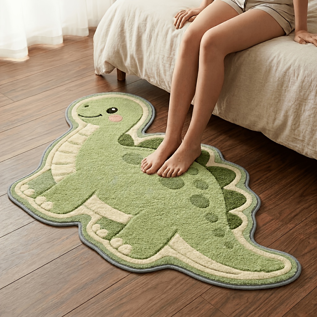 TEMU 2d Flat, 1pc Velvet 850g/ã¡ 9mm Bathroom Non-slip Mat, Thin Plush 2d Printed Non-long Pile Green Dinosaur Shaped Rug, Soft Machine Washable Floo