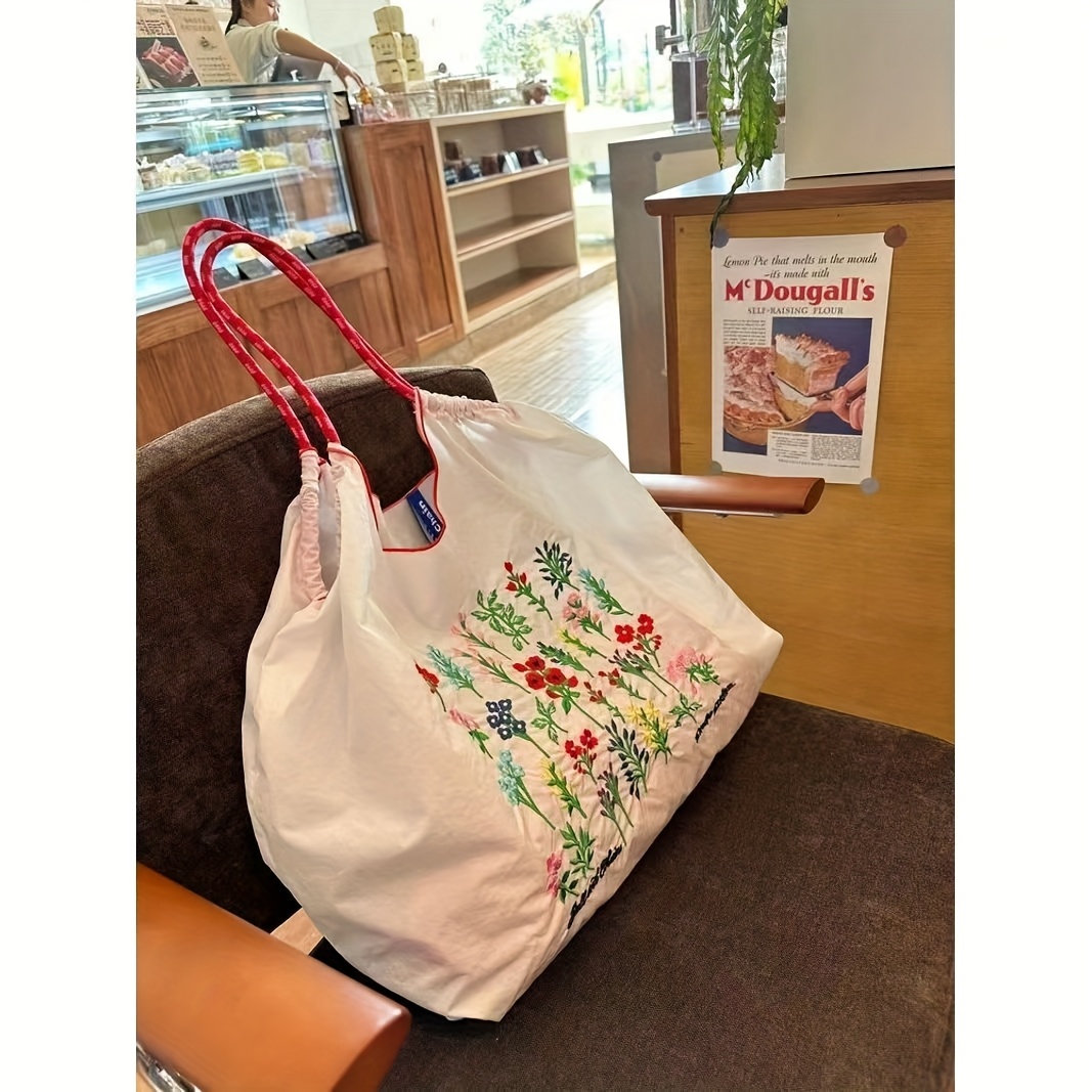 Image of Back-to-school Floral And Botanical Embroidered Bag, Suitable For College Students, Niche Artistic Tote, Large Capacity Commuter Bag, College Student Shoulder Bag For Women, Thin Style