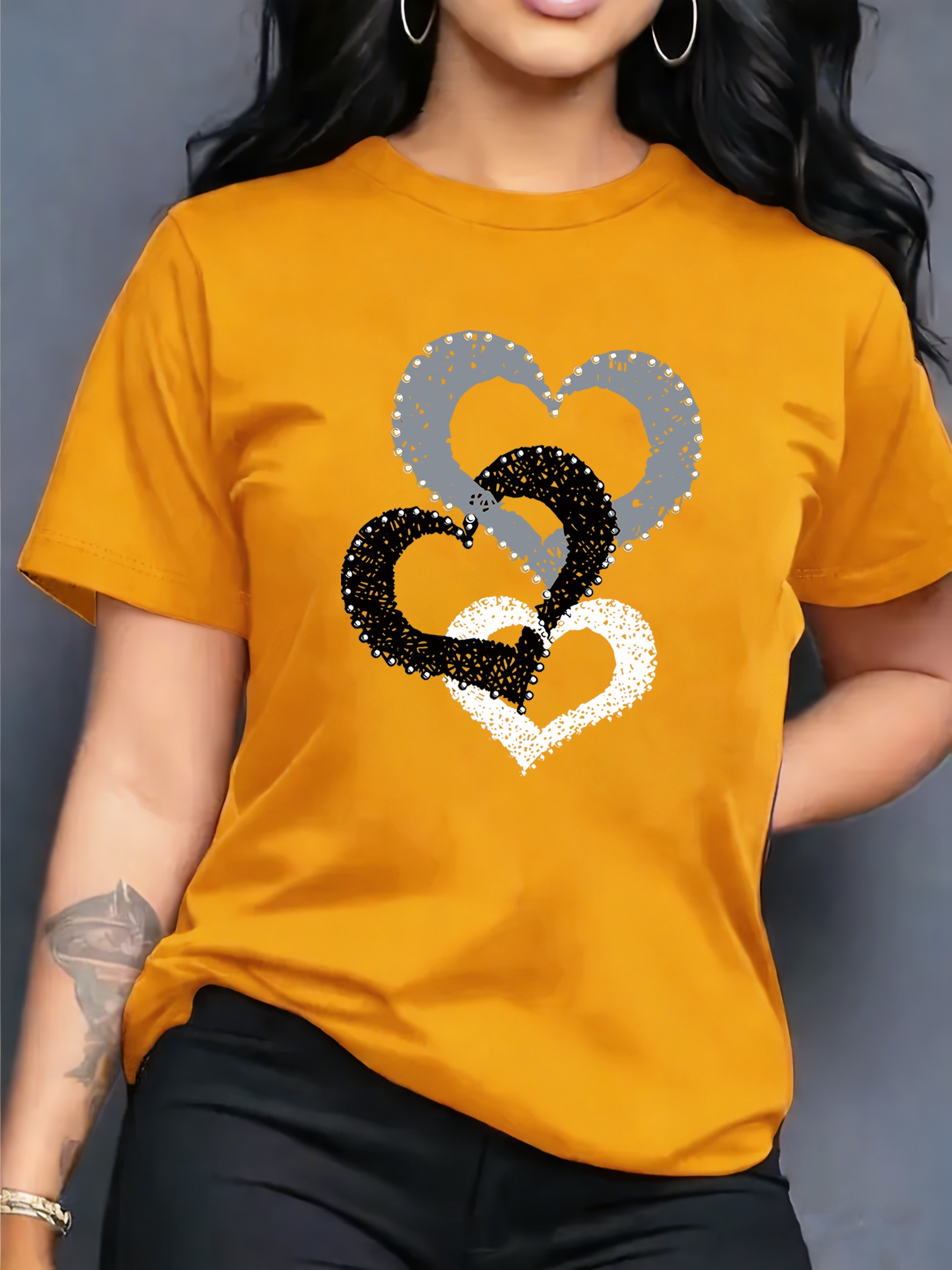 T-shirt Cœurs Femme Col Rond T-shirt pour femme à col rond et manches courtes, décontracté, sportif et tendance, avec imprimé graphique de lettres