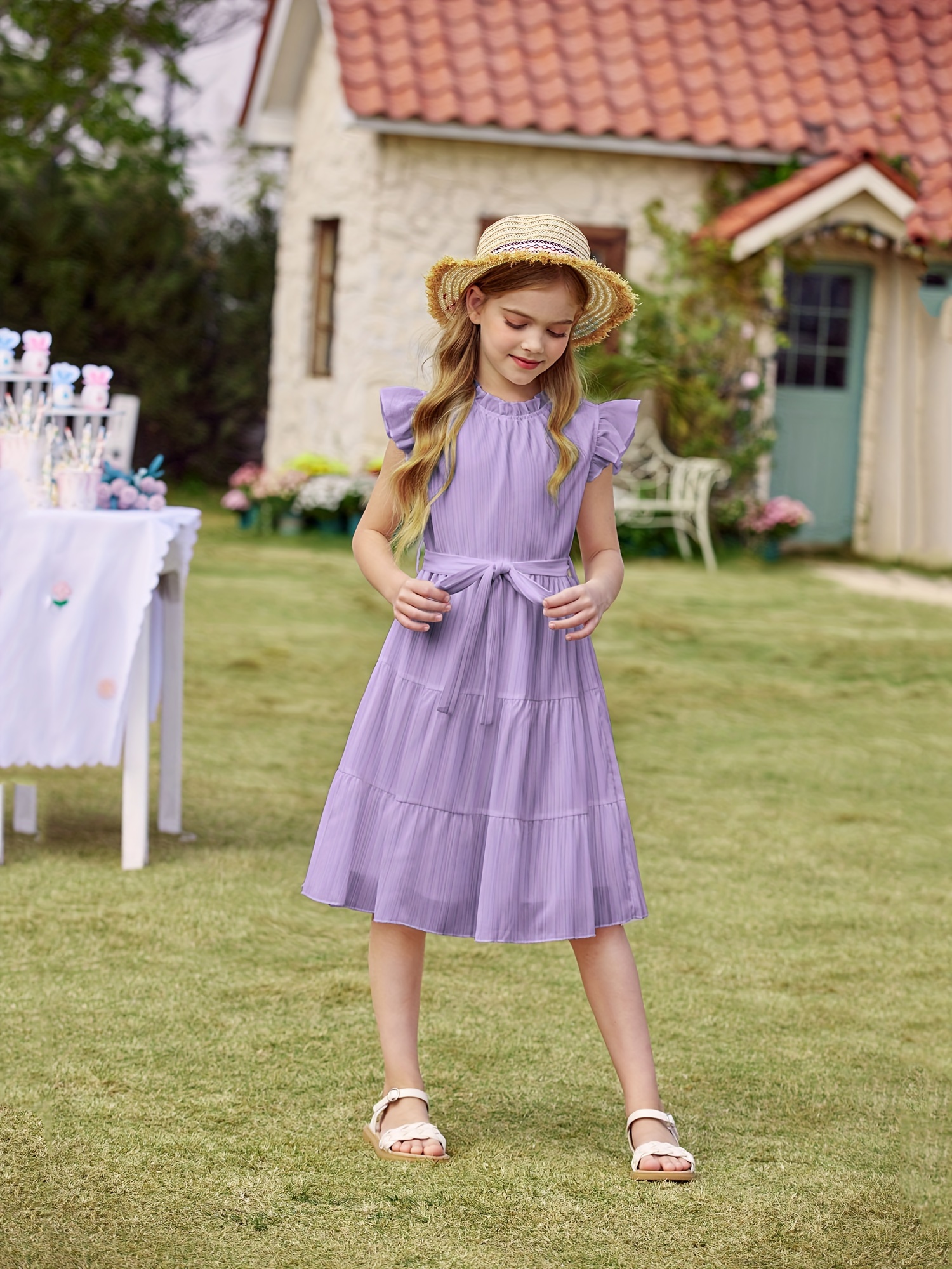 tween girls summer dress ruffle sleeve a line elegant - Temu