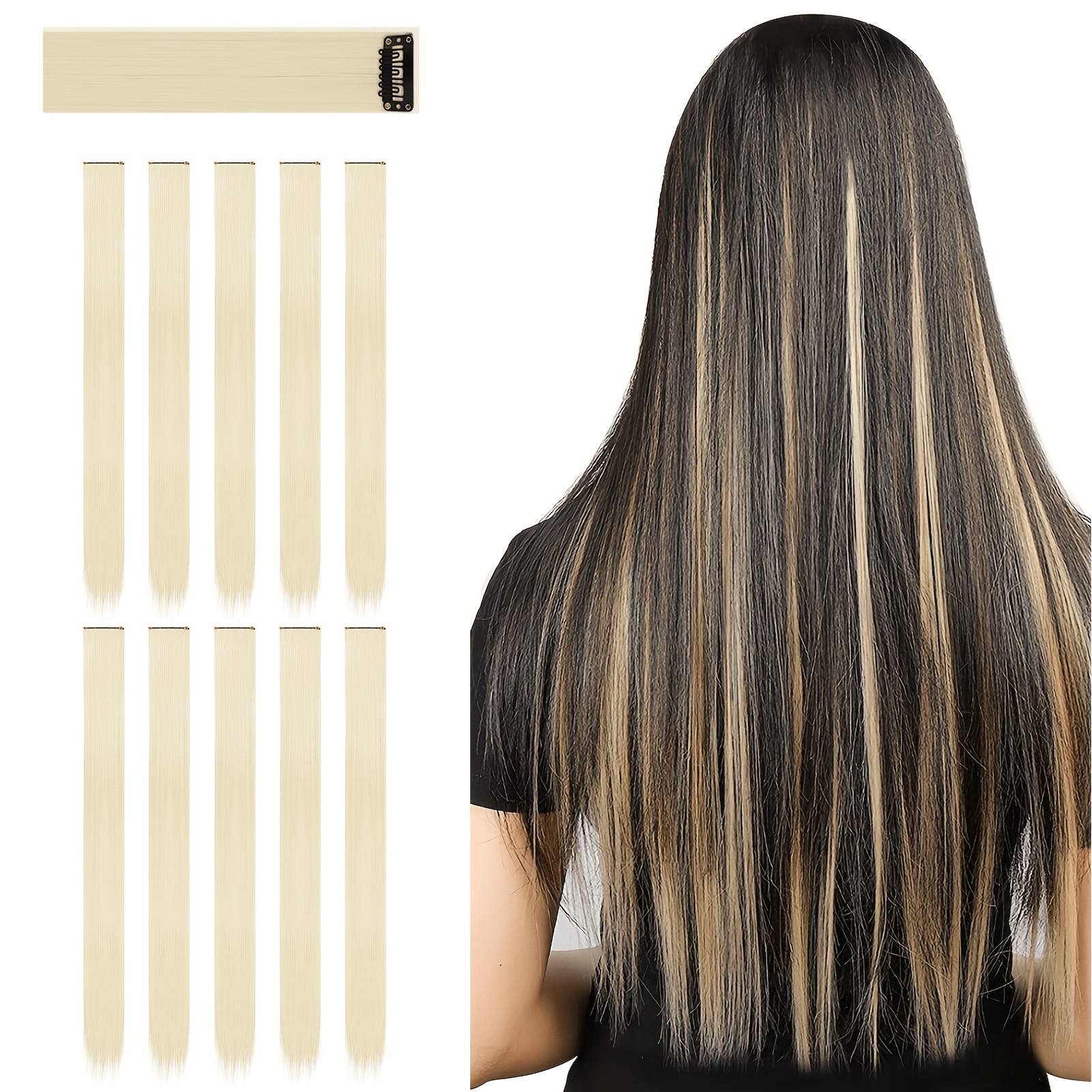 TEMU 10pcs Extensions de Cheveux Off-White | 24" Extensions de Cheveux à | Extensions de Cheveux Raides Colorées à , Cheveux Synthétiques Raides,
