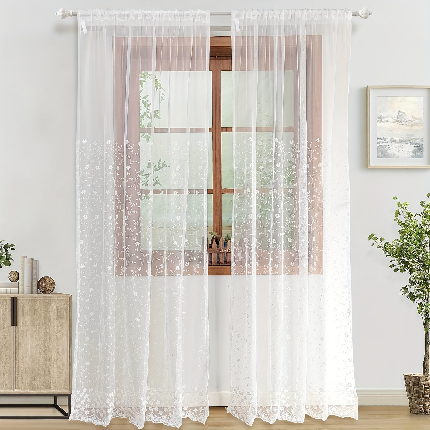 2pcs Pastoral Floral Embroidery Shher Curtain With Bottom Lace - Rod Pocket Top Drapes For Bedroom, Living Room, Balcony, Home Decor