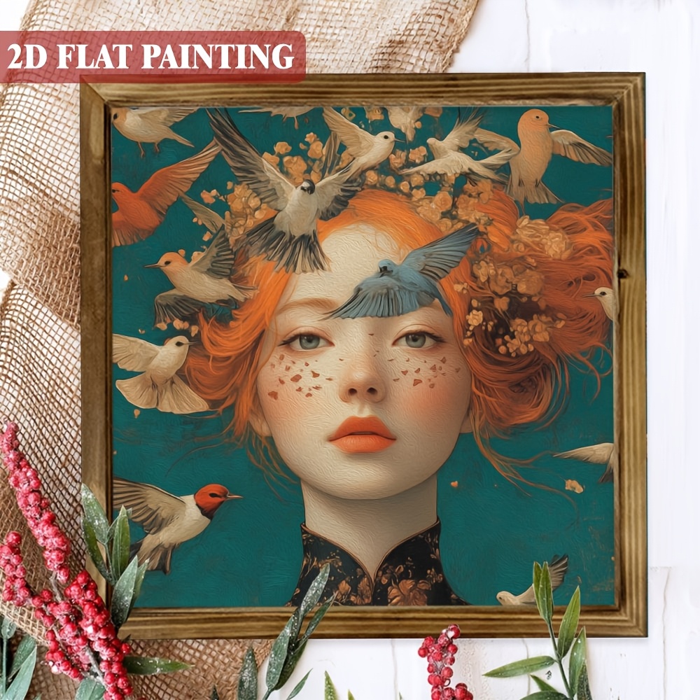 TEMU 2d Flat, 1pc, Elegant Woman & Birds Art Wooden Sign 8x8 Inch | With Frame Whimsical Room Wall Art Decorative Sign For Farmhouse, Bathroom, Cafe,