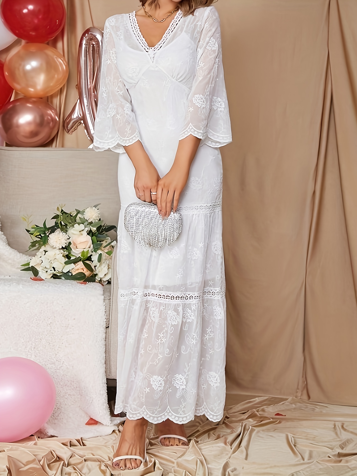 lace eyelash lace stitching dress length womens summer - Temu Germany