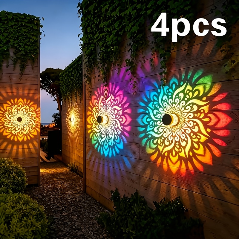 item picture 4pcs solar wall lights outdoor solar fence lights color changing mysterious mandala outdoor projection wall lights ingautomatically   your house courtyard garden wall farmhouse swimming pool rv camping outdoor lighting decoration