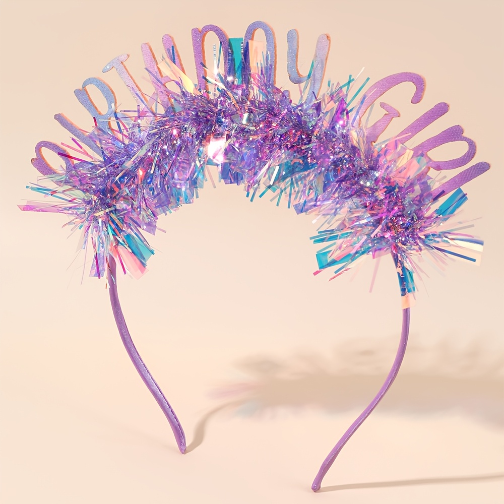 TEMU 1 Pack Iridescent Birthday Headband For Adults, Glitter Tinsel Party Hairband With Holographic Tinsel, Aesthetic Festive Hair Accessory For