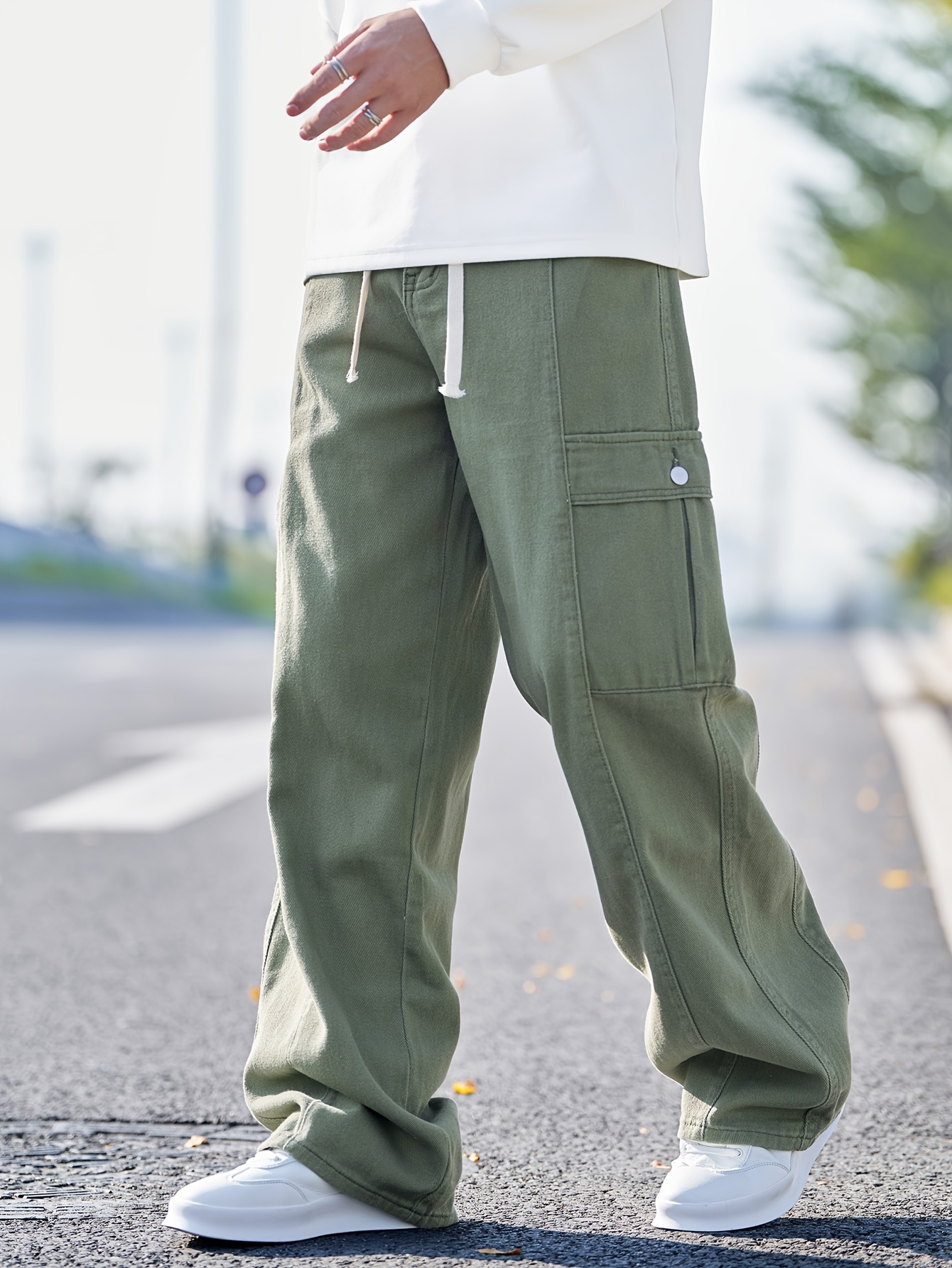 mens casual loose fit wide leg cargo denim olive green Temu