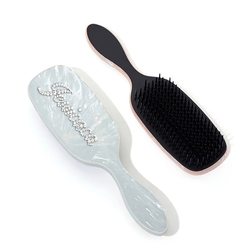 TEMU Personalized Hair Brush Comb Marbled Pattern Handle Paddle Brush Custom Rhinestone Name Letter Anti-static Airbag Brush Scalp Hair Massage