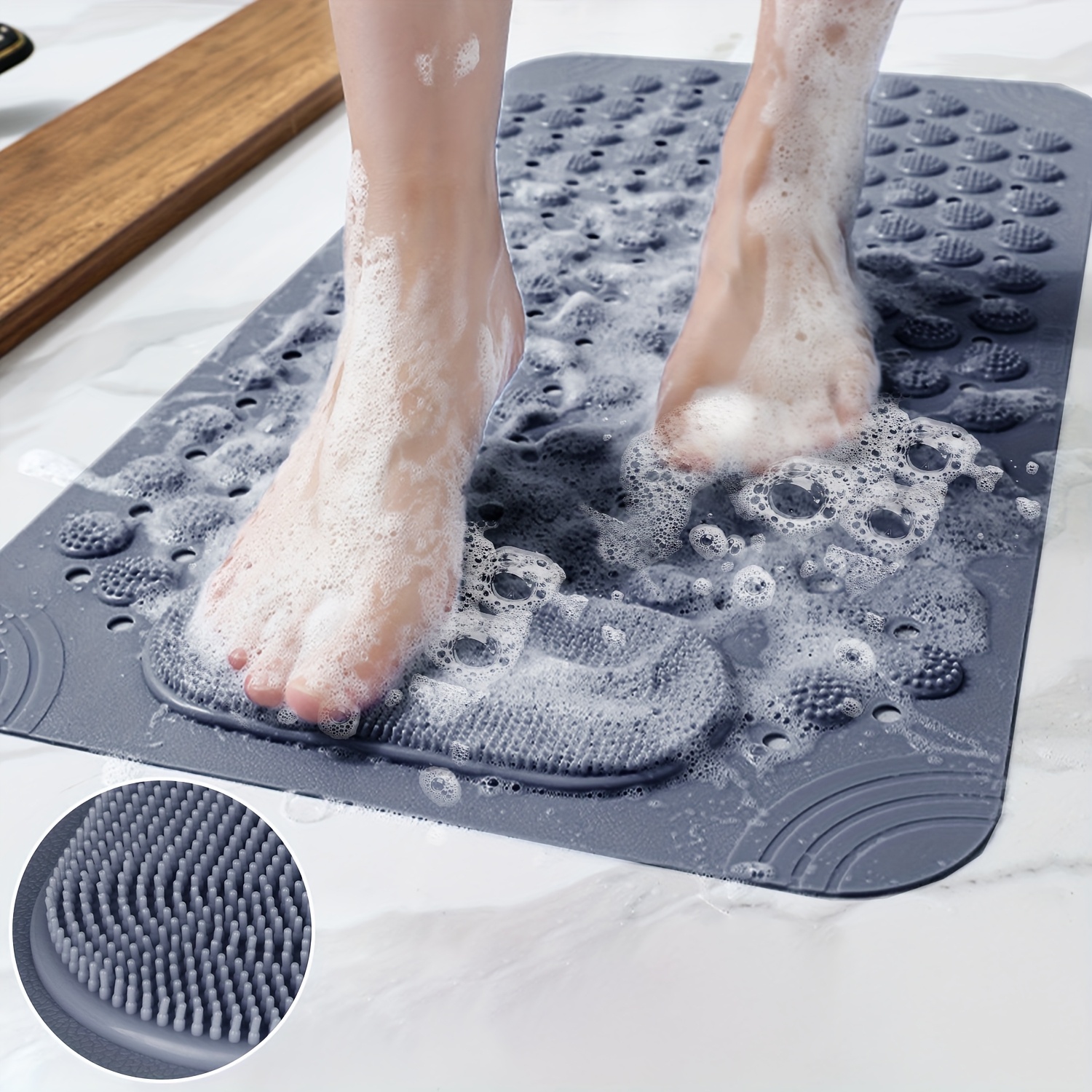 

Anti-slip Bath Mat With Massage Foot Massage, Drainage Holes, And Suction Cup, Universal Fit For Bathroom Decor And Indoor Use