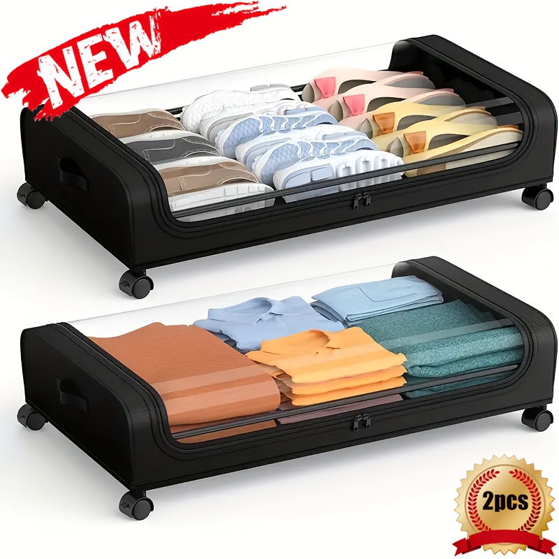 TEMU 2pcs Large Capacity Wheel Type Underbed Storage Box, Storage Bag With Zipper And Observation Window, Suitable For Storing Clothes, Bedding,