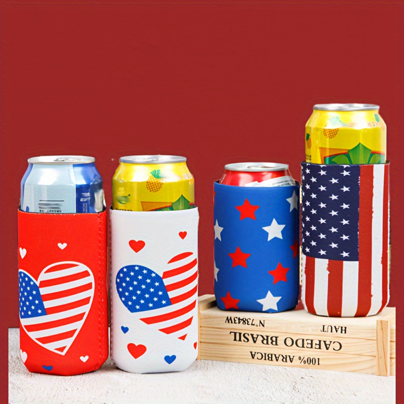 

4pcs Beverage Cover, 8*13cm/3.1*5.1in 4th Of July Patriotic Can Polyester Coolers, American Flag & Hearts Design Drink Cover, Beverage Insulators For Independence Day Celebration, Home Supplies
