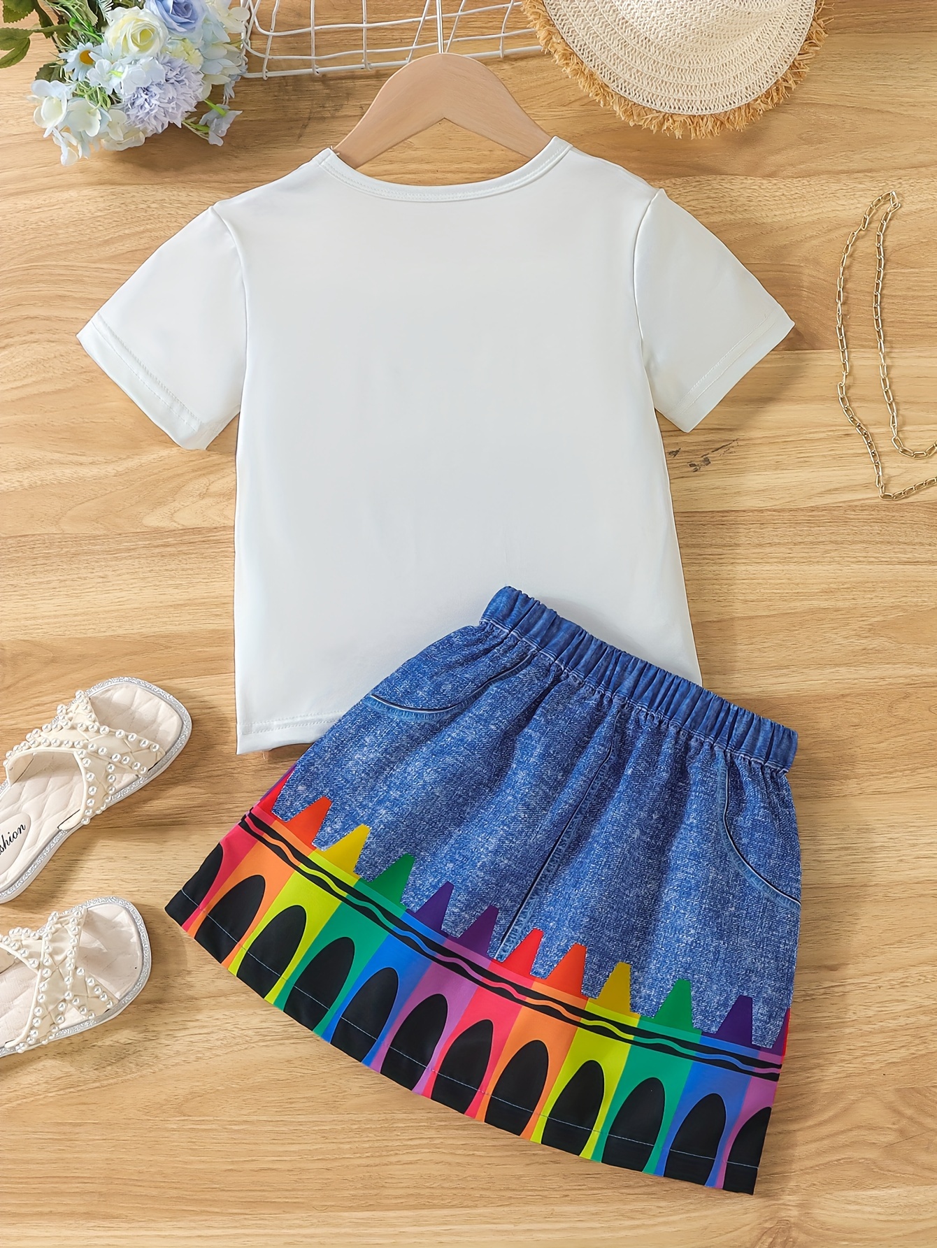 school crayons print girls outfit short sleeve fun t shirt top graphic short skirt everyday casual set summer 2pcs details 10