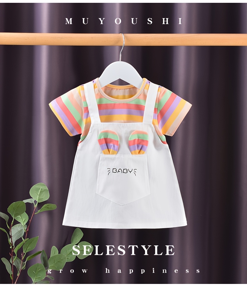 A New Baby Girl'S Summer Dress, Featuring Striped Short Sleeves And a Faux Two-Piece Design, Made of Pure Cotton, Perfect for Little Ones.