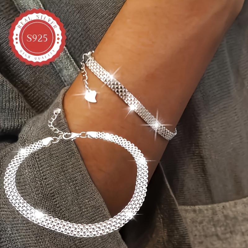 S925 Pure Silvery Chain Bracelet, Mesh Embossed Pattern