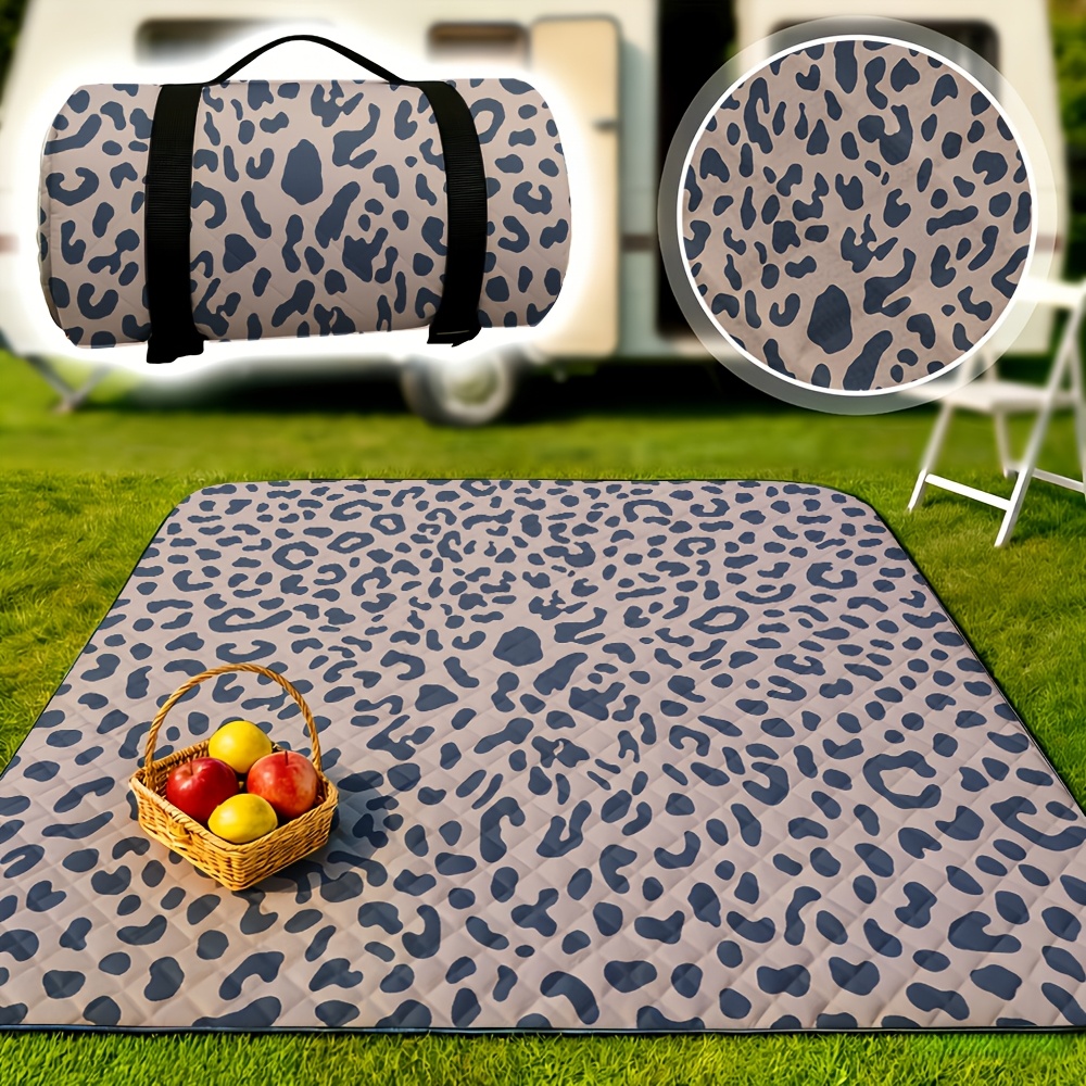Image of 1pc,grey Blue Leopardoversized Soft Foldable Picnic Blanket 78x78 Inch, Portable Outdoor Mat For Park Gatherings, Beach Camping And Adult Leisure Life