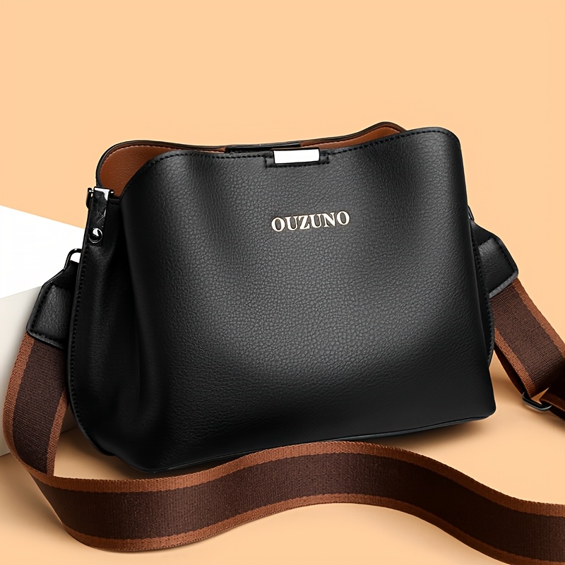 Image of Casual Pu Crossbody Bag For Women, Fashionable 2024 Bucket-style Shoulder Bag, Large Capacity, With Adjustable Strap, Zipper Closure, Polyester Lining, Edge Paint Detail, For Guangzhou
