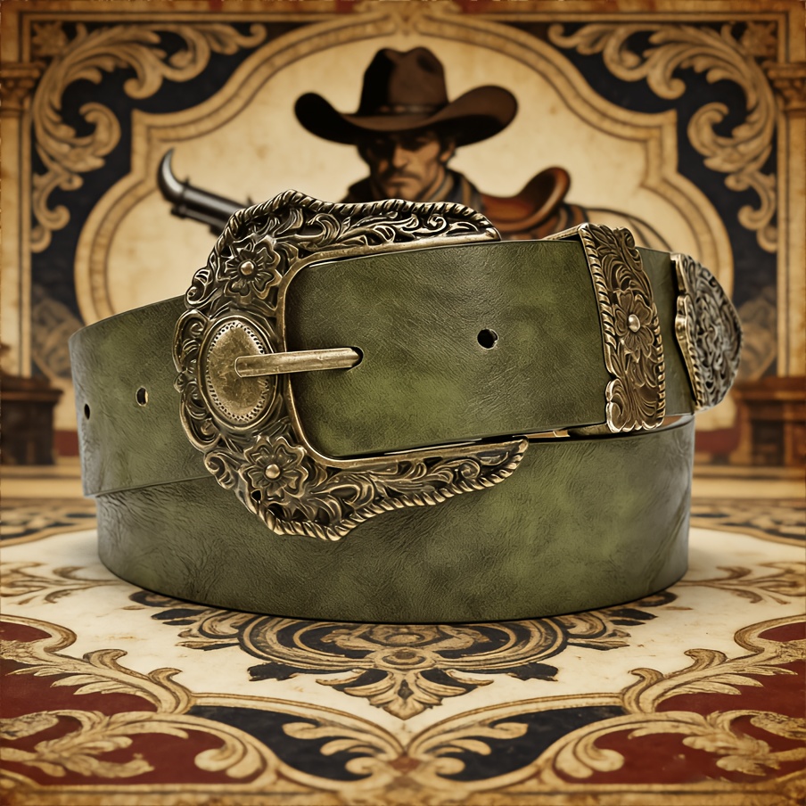 TEMU 1 Olive Green Bohemian-style Men's Belt, Bohovintage Western Cowboy Street-style Decorative Single-prong Belt, Suitable For Shirts, Pants,