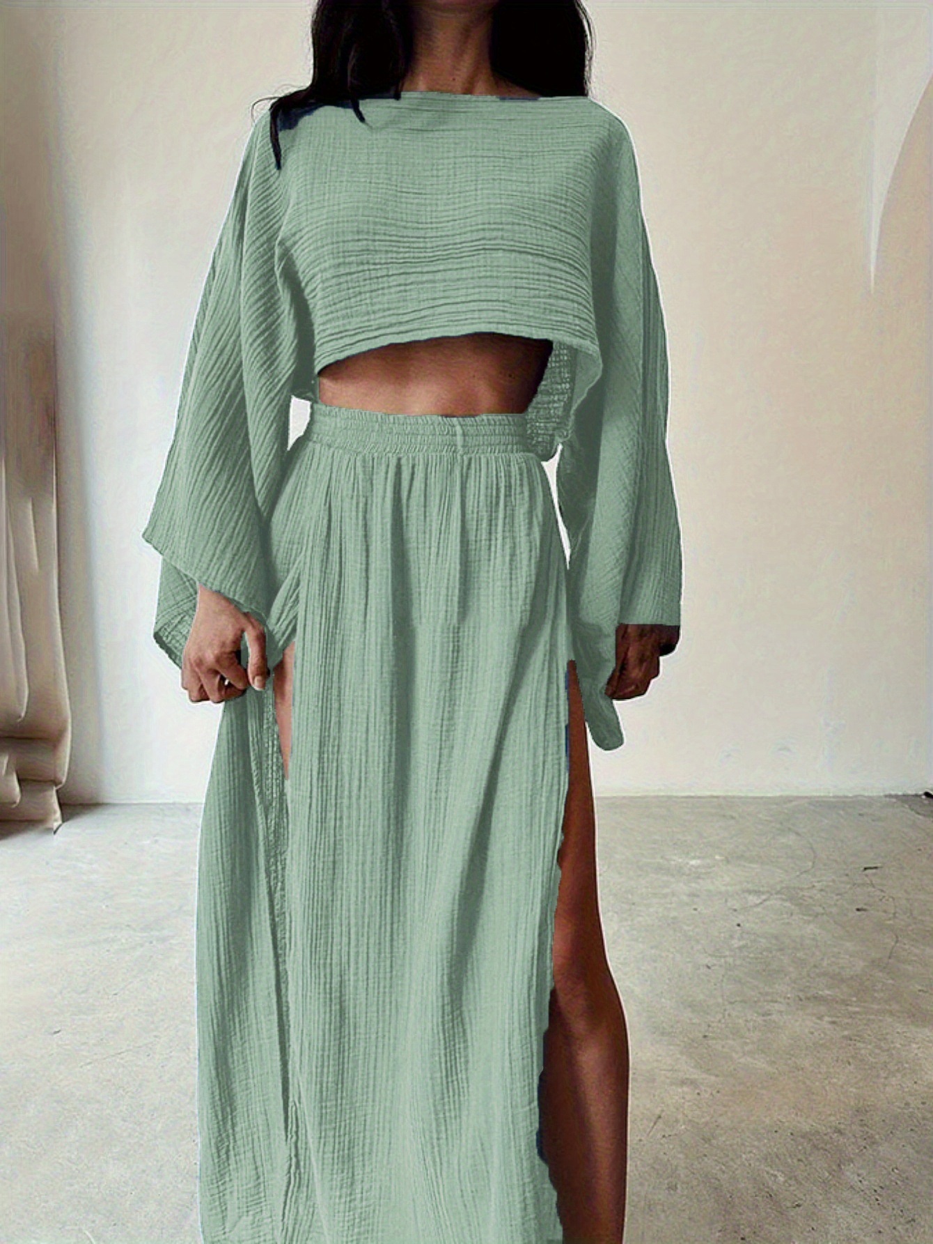 slim fit dress slacks Two Piece Green Balloon Sleeves Long Prom Dress with Slit – FancyVestido