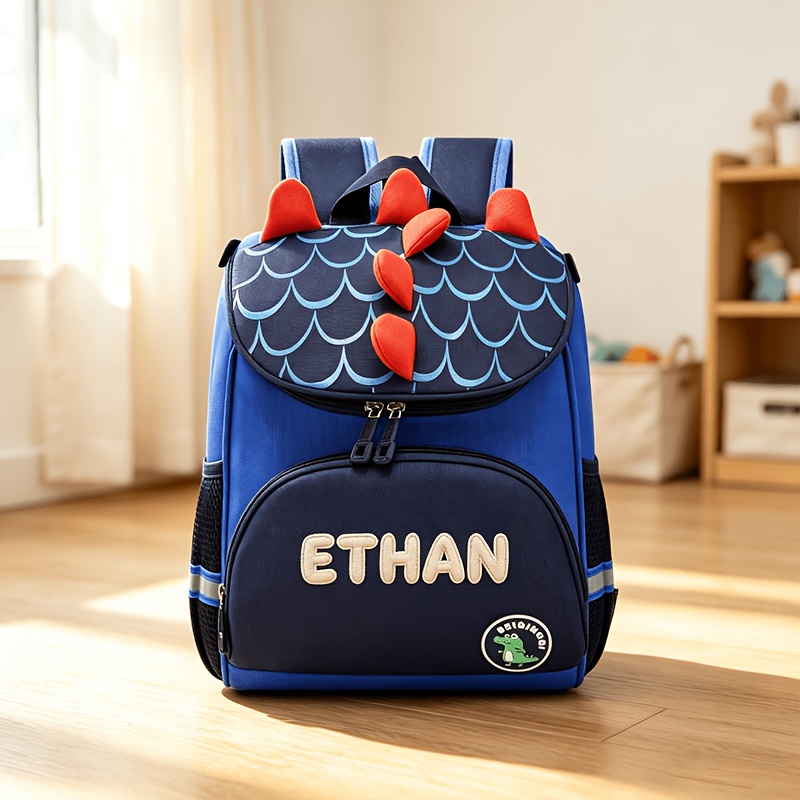 TEMU Dinosaur Backpack With Customizable Name/text, Embroidered , Cute Cartoon Style Casual Backpack, Lightweight Student Bag, Suitable For Outdoor