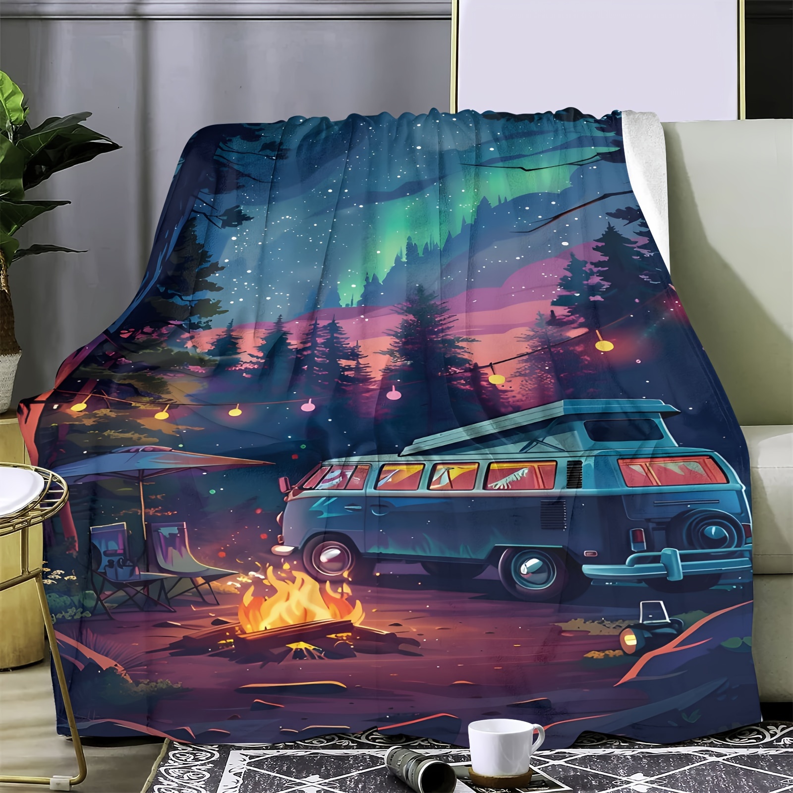 

1-Couverture polaire imprimée numérique 1 pièce avec motif de camping sauvage - Douce et chaude pour canapé, lit ou voyage - Style contemporain - Toutes saisons - 78,74 po x 59,05 po (200 cm x 150 cm)