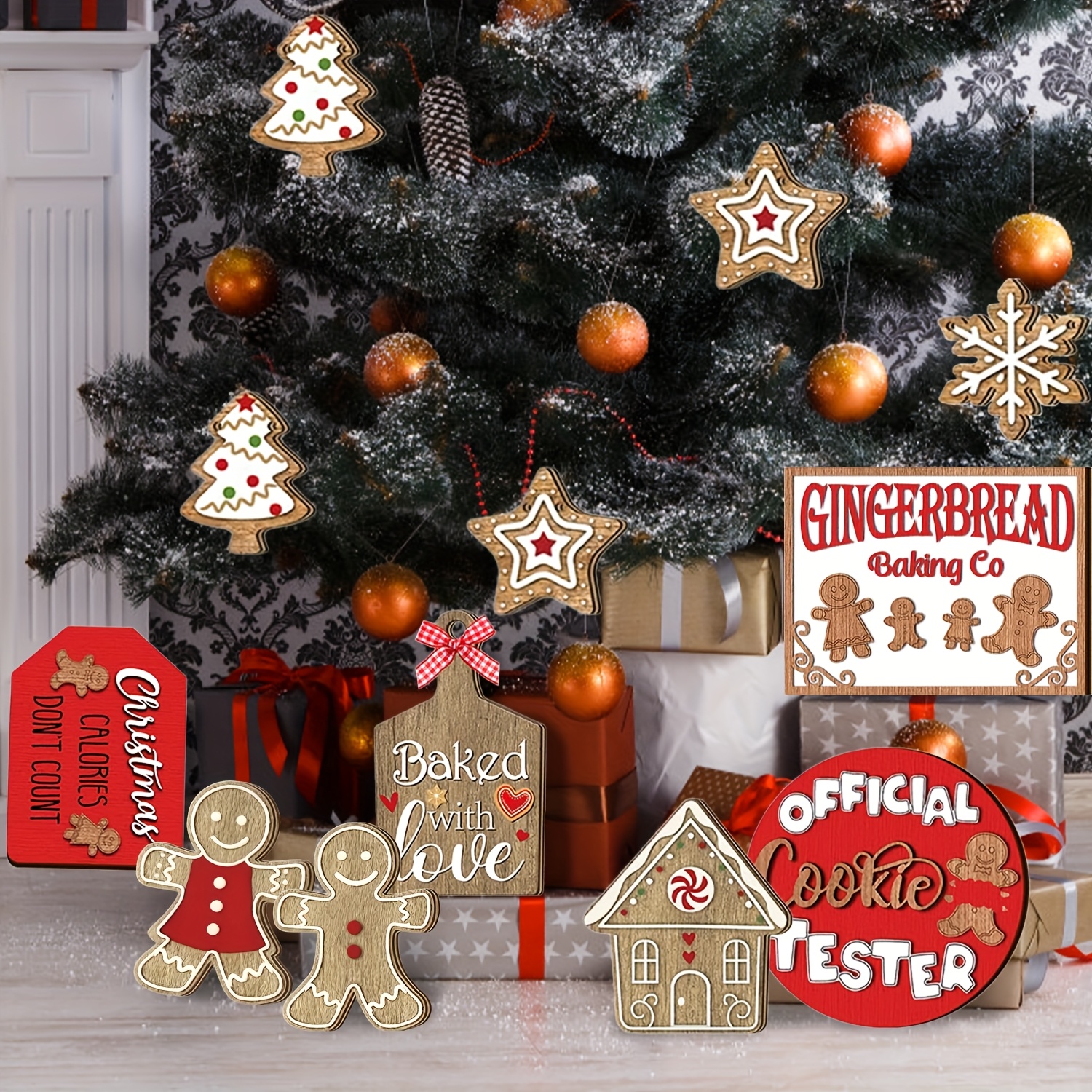 TEMU 12pcs Christmas Tiered Tray Decor Set, Wooden Ornament With Gingerbread, & Santa Signs, Perfect For Christmas Gifts, Party Favors, Home Table