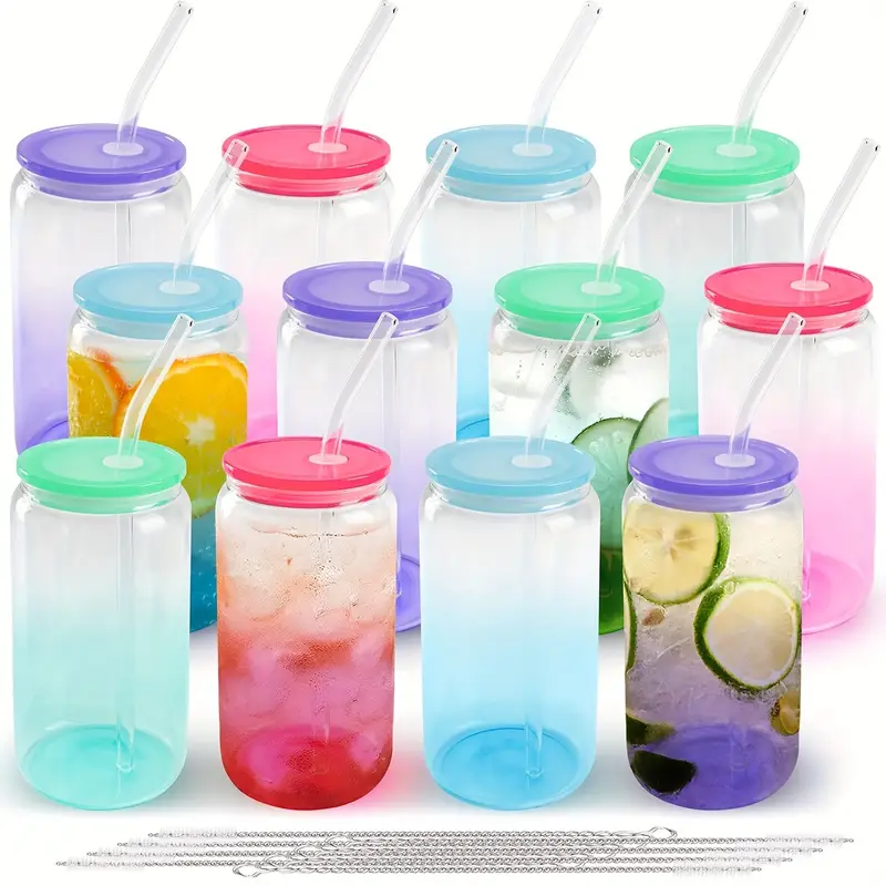 12 packs 16 oz glass cups with acrylic lids and straws can shaped glass iced coffee cups with lids gradient drinking glasses cute tumbler cup great for smoothie soda boba tea cocktail beer gift Product details 1