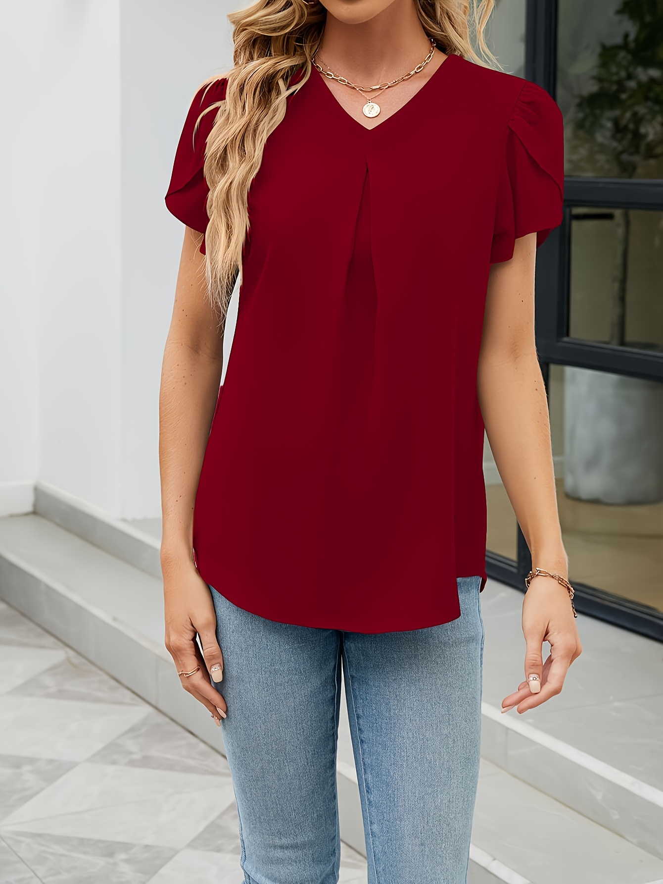 plus size directional petal sleeve casual elegant v neck - Temu