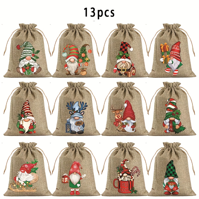 TEMU 13 Nouveaux Sacs d'emballage cadeau de Noël Gnome Vieil Homme, Sac de Noël en jute de taille moyenne, avec Sac d'emballage cadeau à cordon de