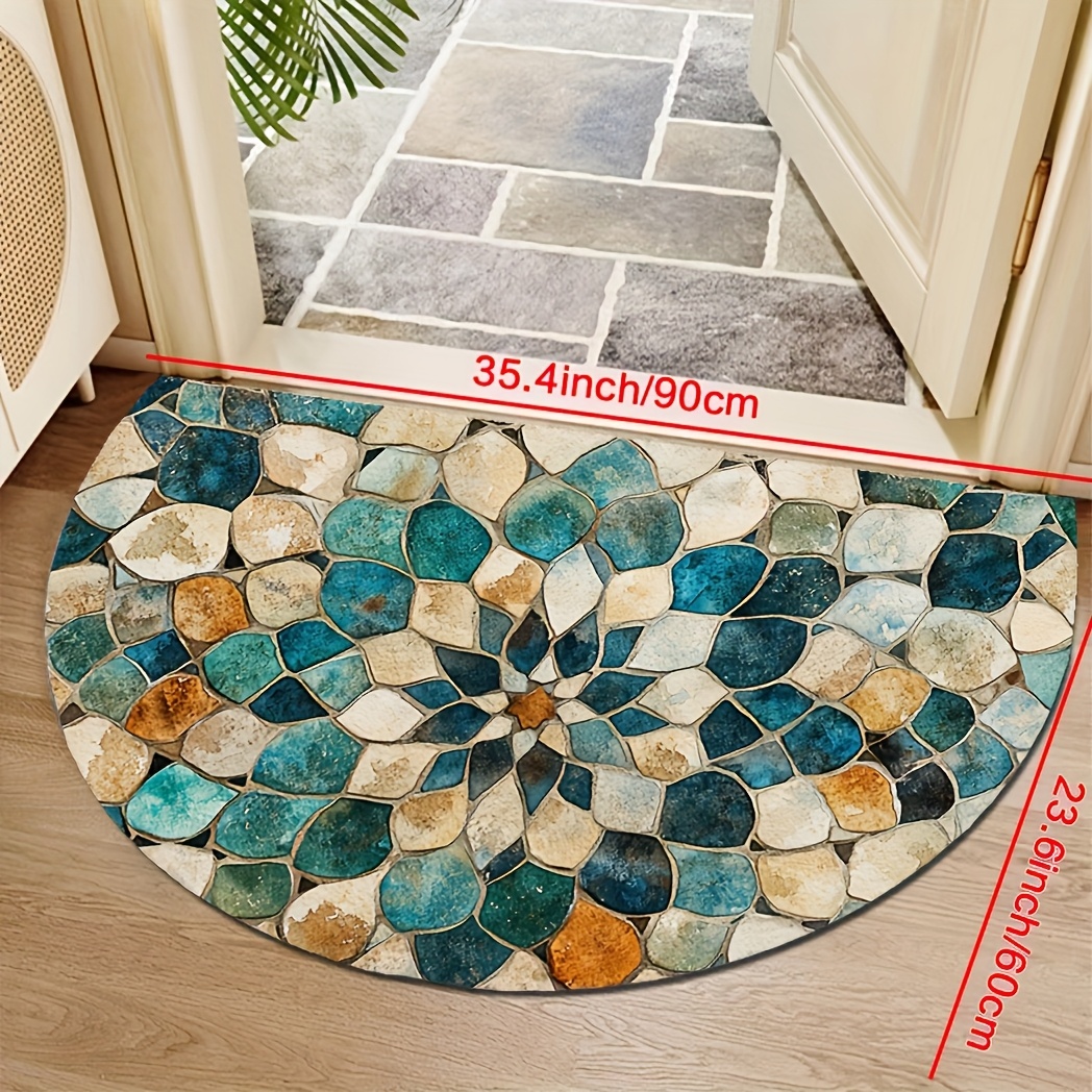 E-shop 1 Marokkanischer Mosaik-Stil Halbrundes Moderner Kunst-Eingangsmatte - Maschinenwaschbar, Rutschfest in Erdigem Blau-Beige-Ton, Geeignet für