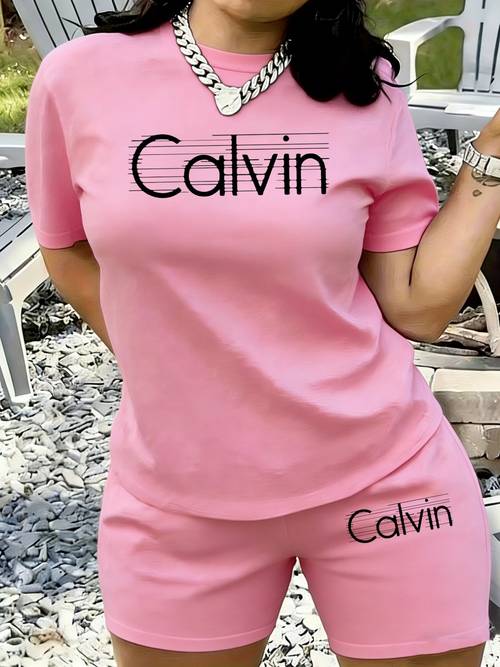 2pcscalvin calvinwomens summer fashion versatile cool print round neck short sleeve short pants with pockets casual set