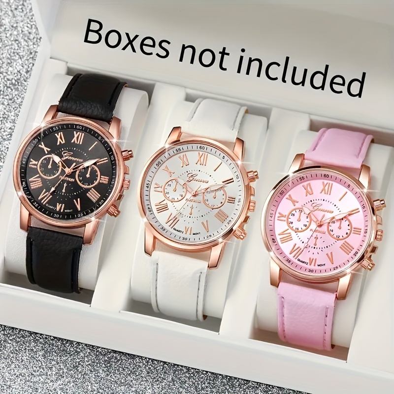 

3 Pcs Round Quartz Watch Pu Leather Strap Alloy Pointer Alloy Case, Roman Numerals, Ideal Gift Choice, For Women