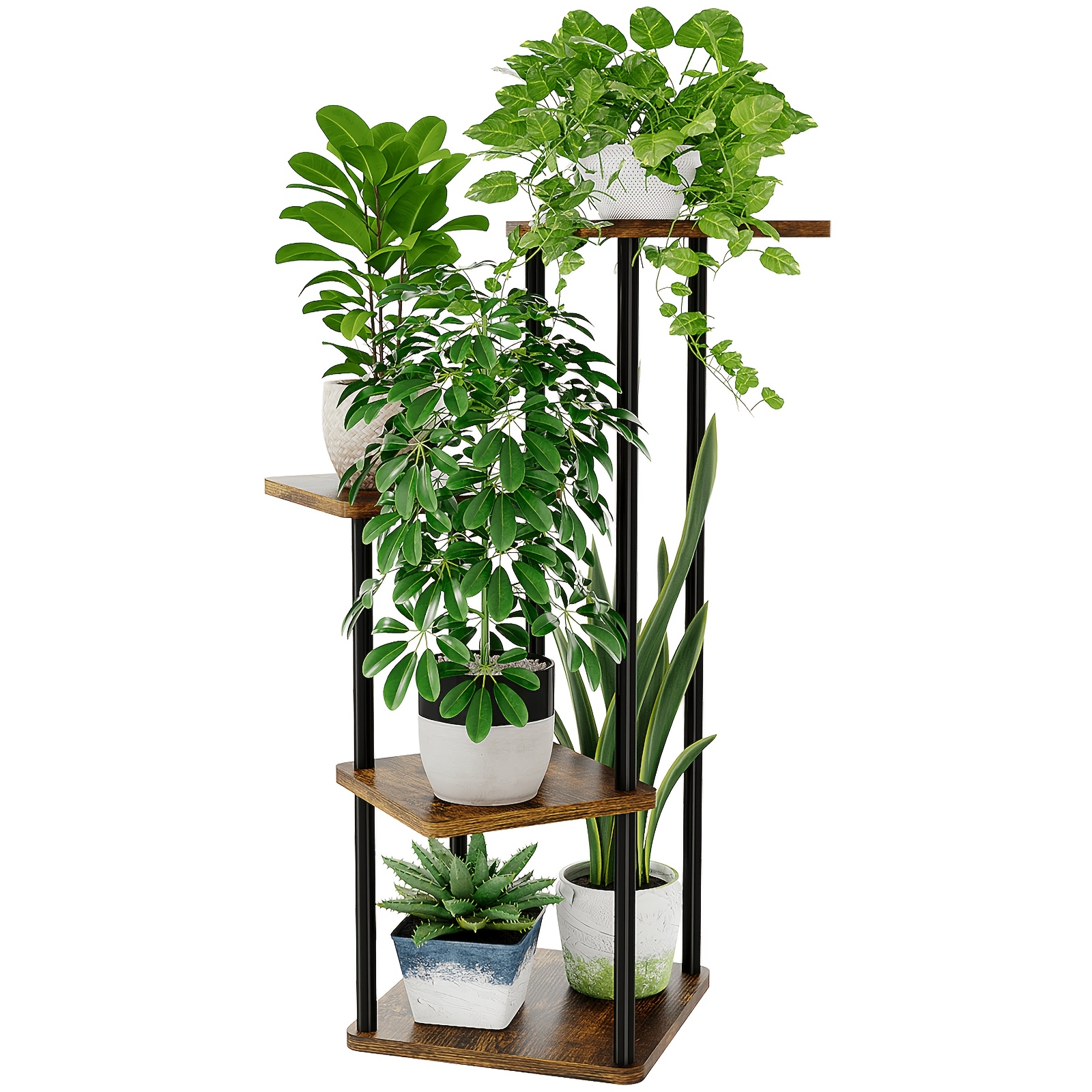 Image of Bamworld 4-tier Brown Metal Plant Stand For Indoor Use, A Small Corner Flower Stand And Plant Shelf For Multiple Plants, Suitable For Patio, Garden, Balcony, Living Room, And Bedroom