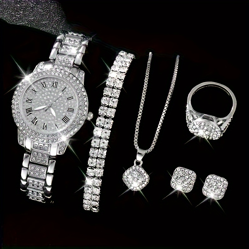 elegant womens silver quartz watch 6pc rhinestone jewelry gift set perfect for special occasions gifts for eid details 1