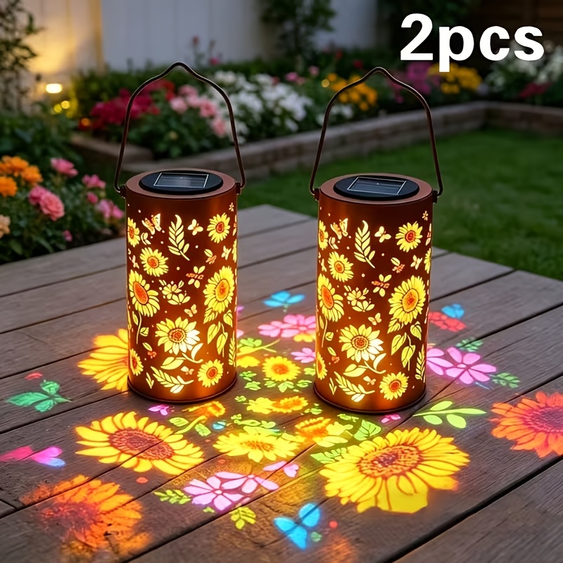TEMU 2pcs Set Of Solar Sunflower Lanterns, Ip65 Rated Iron Garden Decoration, Painted Lanterns, Spotlights, Lawn Ambient Lighting Decorations, A Gift