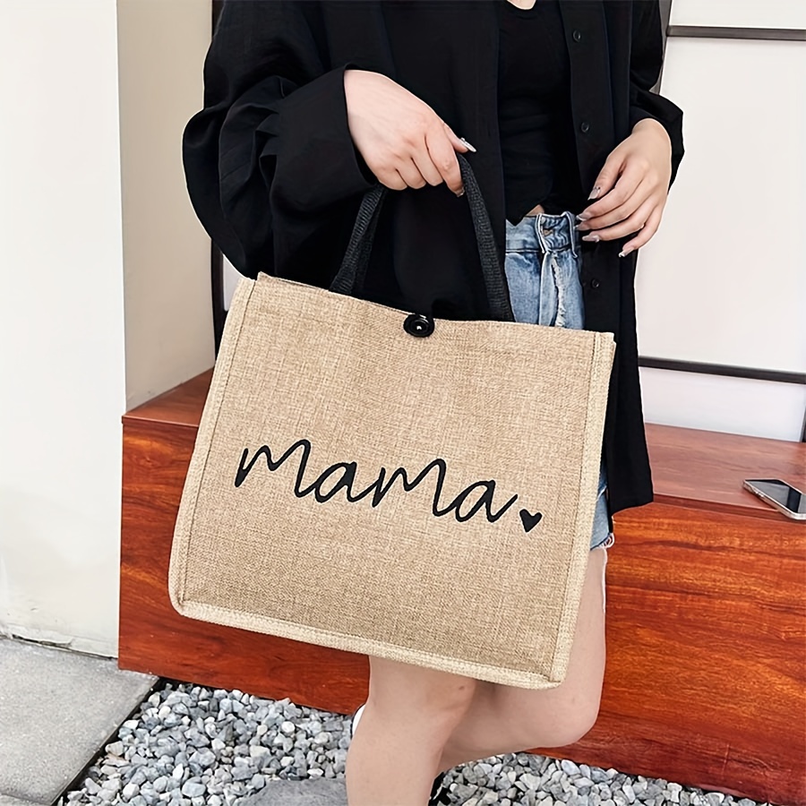 mama letters print tote bag fashion burlap shoulder bag portable travel picnic bag shopping bag gift for womens day details 1