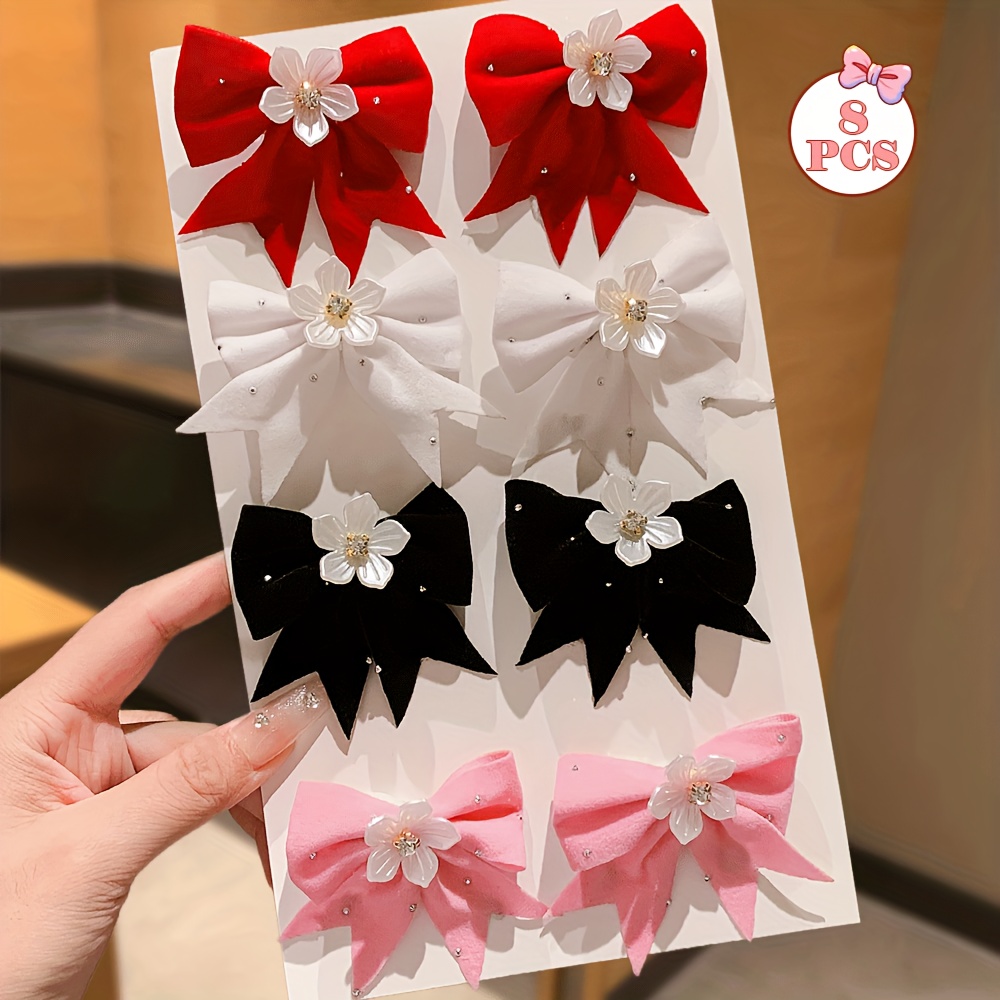 E-shop 8-teiliges Set bunter Samtblumen-Haarspangen für Pony Strähnen, süße florale Haarklammern, zarte ätherische Haaraccessoires