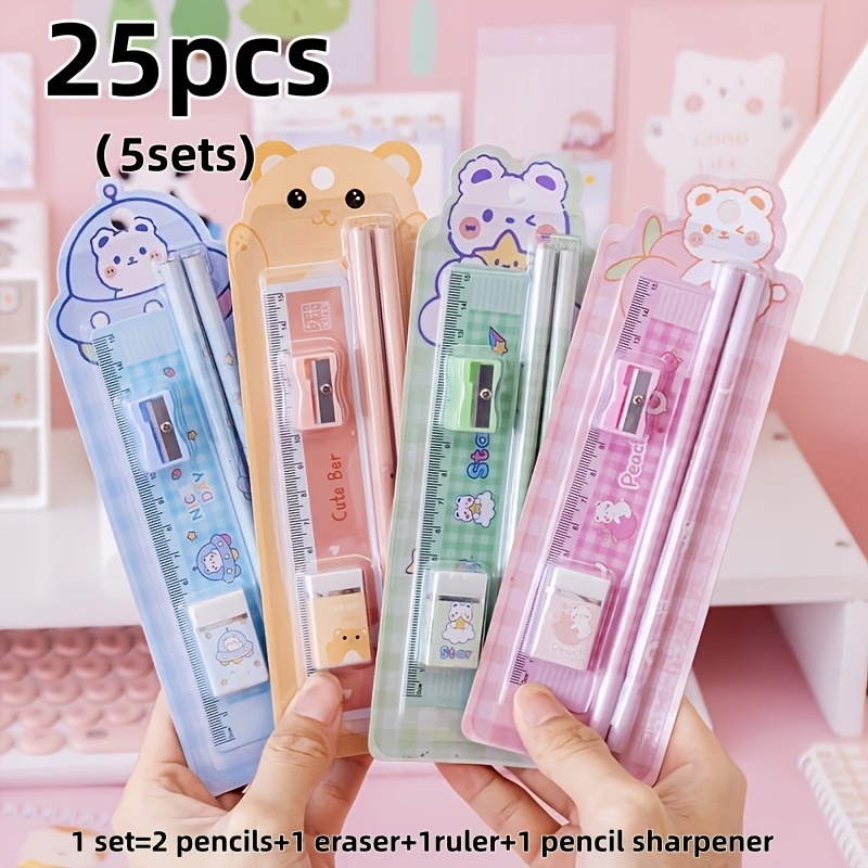 TEMU 25/50pcs (5/10 Sets) Pencil Stationery Set, School , 5pcs Per Set, Durable, Back To School, Holiday Gift, Random Colors