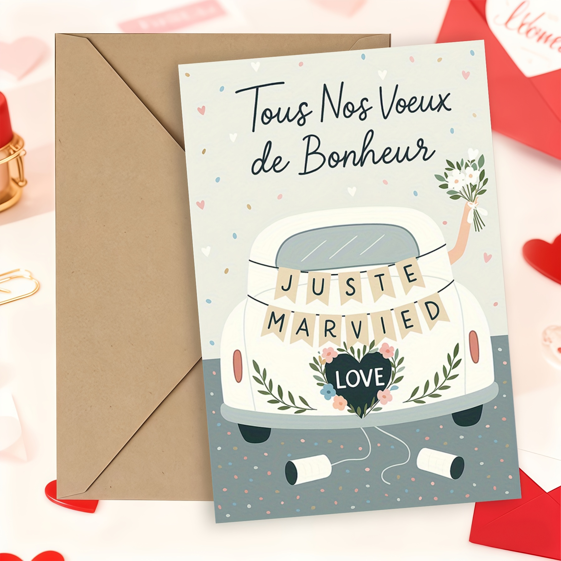 TEMU Carte de vœux pour jeunes mariés, carte d'art vintage fantaisiste avec illustration de voiture de mariage et de bouquet, inclut une enveloppe