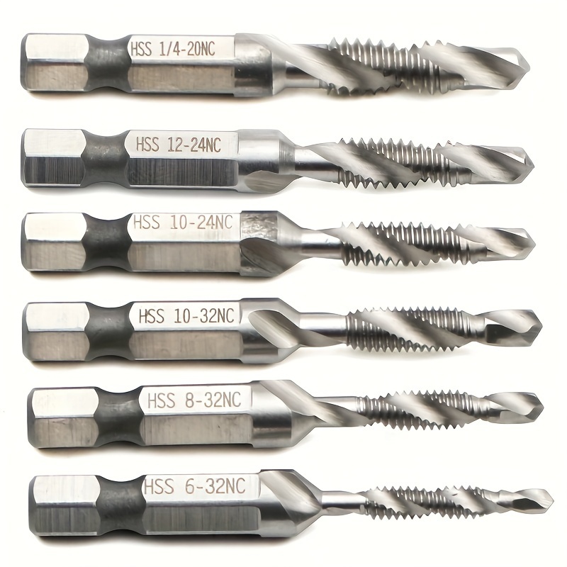 

6-piece High-speed Steel Drill And Tap Bit Set, 1/8" To 3/8" With 1/4" Hex Shank - Spiral Flute Design For Efficient Tapping