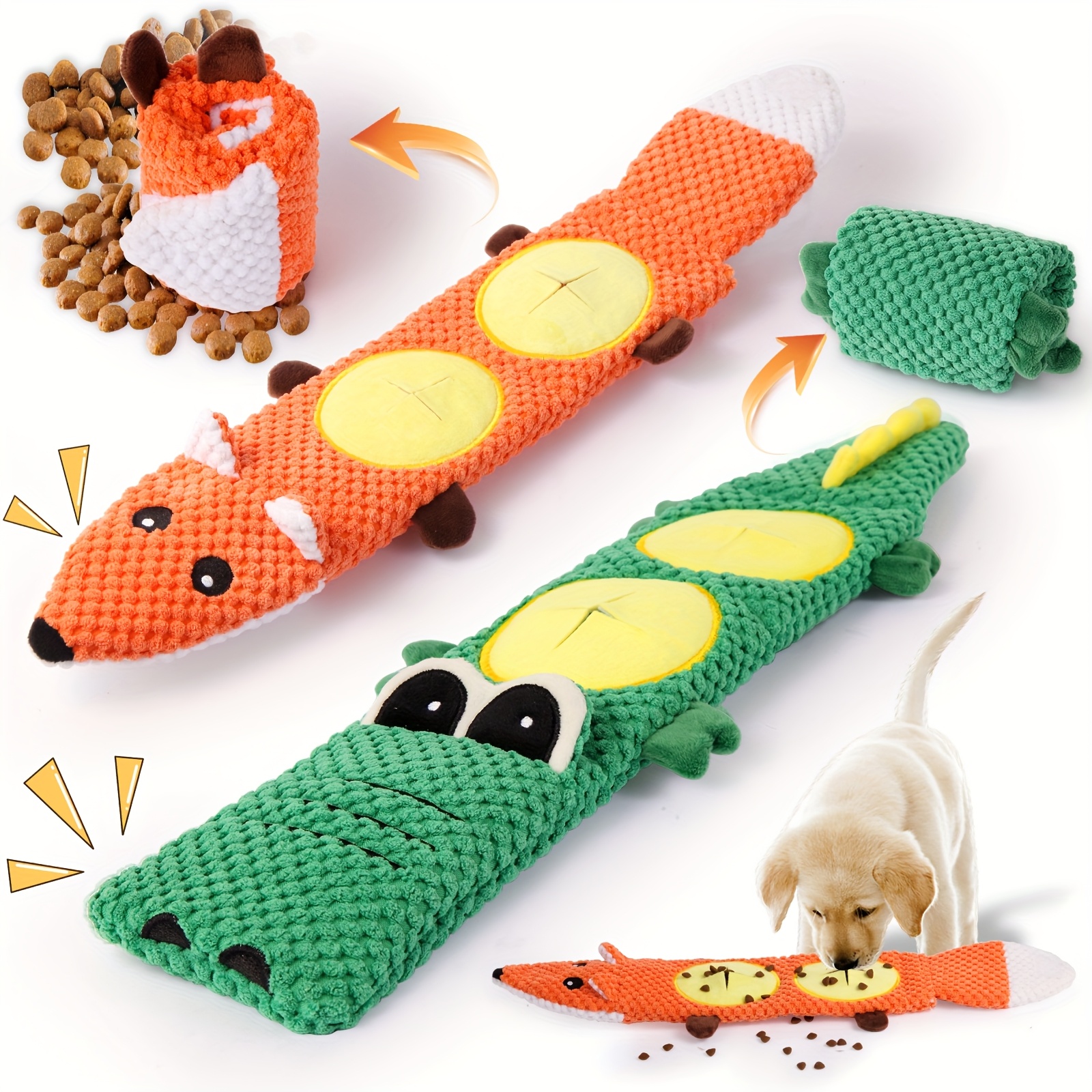 TEMU 2in 1 Interactive Squeaky Dog Chew Toy With Snuffle Pockets For Boredom And Mental Stimulation(no Stuffing), 2pcs Crocodile-fox Design, Puzzle Toys Encourages Natural Foraging Skills And