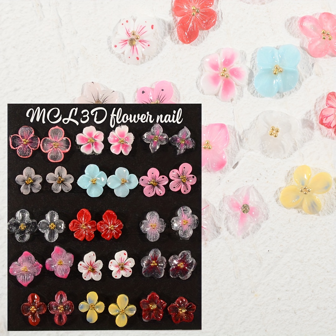 

30pcs Luxury Handcrafted Cherry Nail Charms Set - 15 Acrylic Flower Designs With Metal Bead Accents, Perfect Gift For Women And Girls