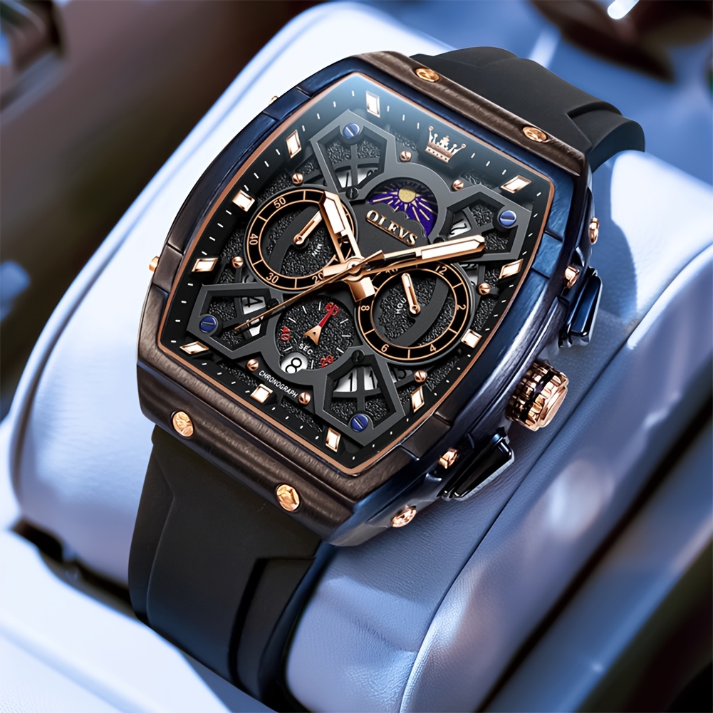 Image of Olevs Multifunction Watches For Men Chronograph Moon Phase Fashion Dress Red/ Silicon Strap 6-hands Big Face Calendar Luminous Date Business Mens Wrist Watches Reloj Para Hombre Valentines Gift