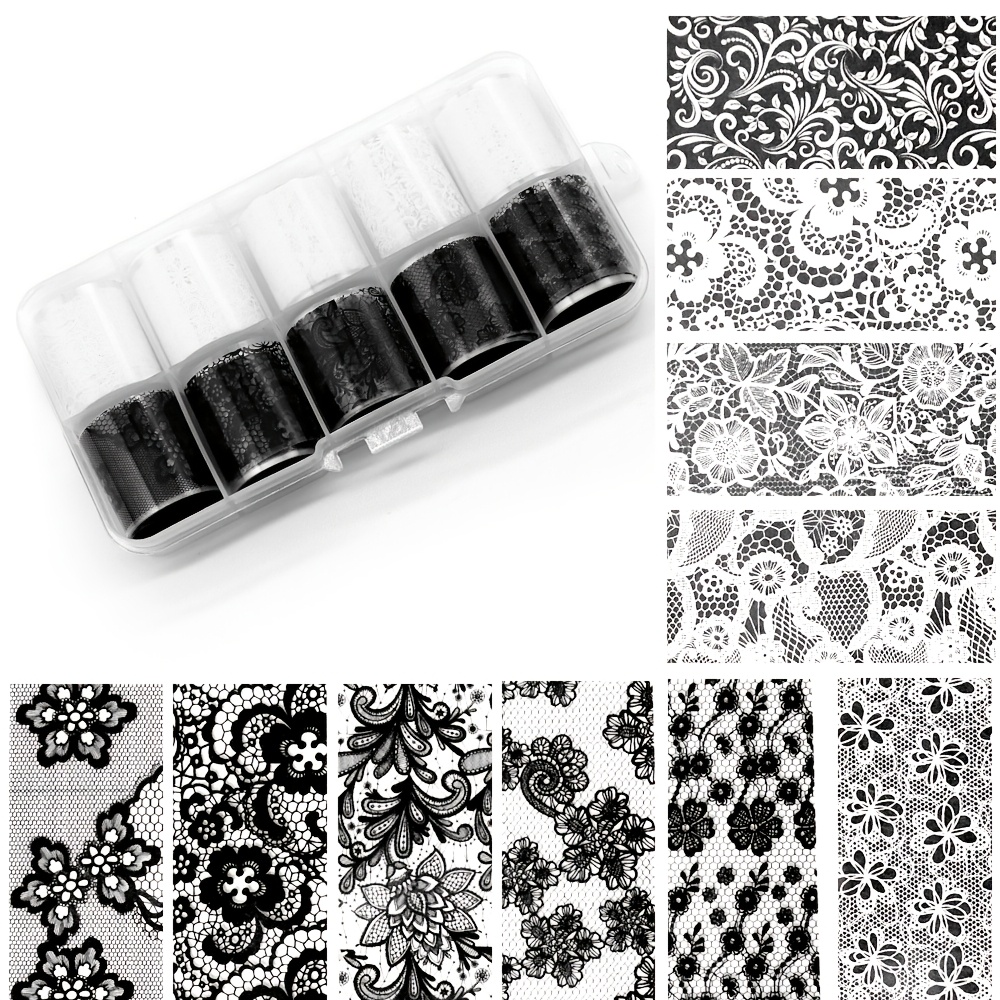10 Rolls 2.5 X 50cm White Lace Transfer Foil Nail Art Full Wraps Flower Glue Adhesive Manicure Styling Tools