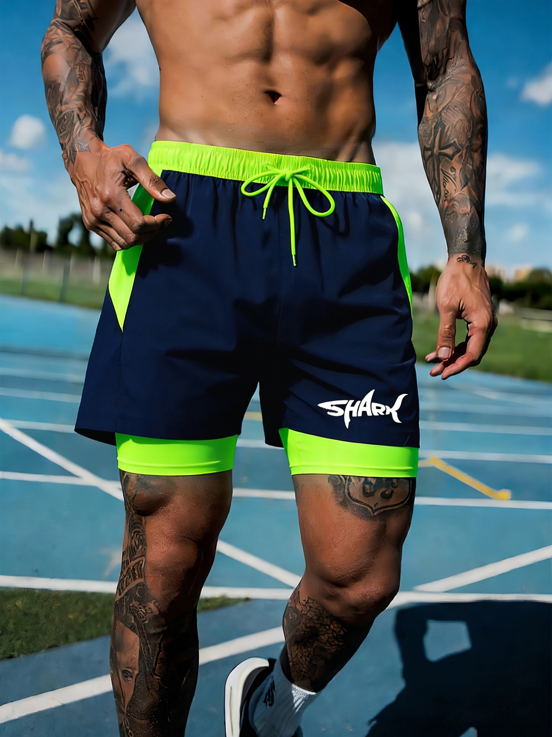 schnelltrocknende herren badeshorts mit hai-buchstaben-print, leichte strandshorts zum schwimmen, surfen, fitnessstudio, reisen – verstellbare taille, sommer strand-liner, maschinenwaschbares polyester, bequeme passform, taschendetail, ideal für sport, outdoor, freizeit