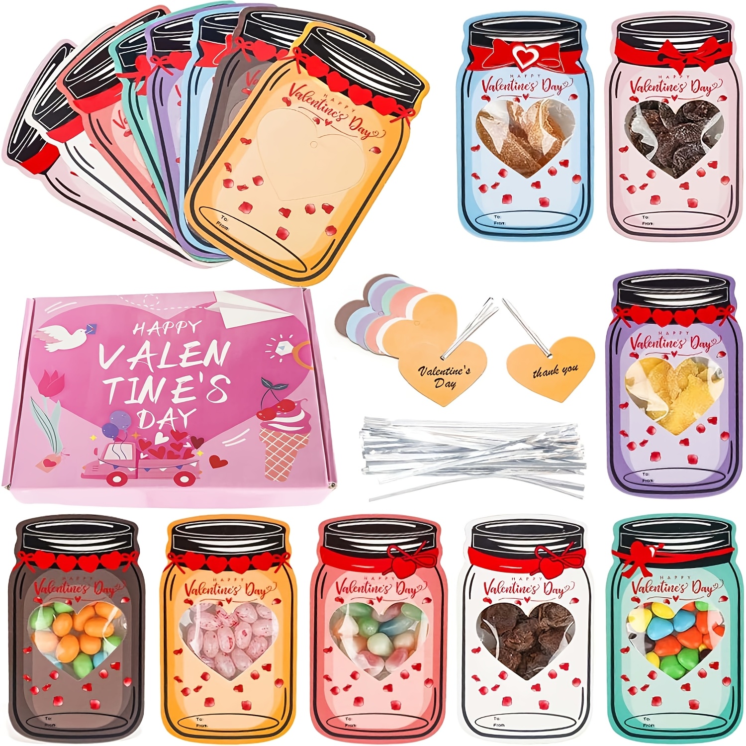 

48-pack Mason Jar Happy Valentine's Day Card Set, Assorted Paper With Bags & Gift Box, Fun Classroom Gift For Students, Teen For School Exchange Parties (candy Not Included)