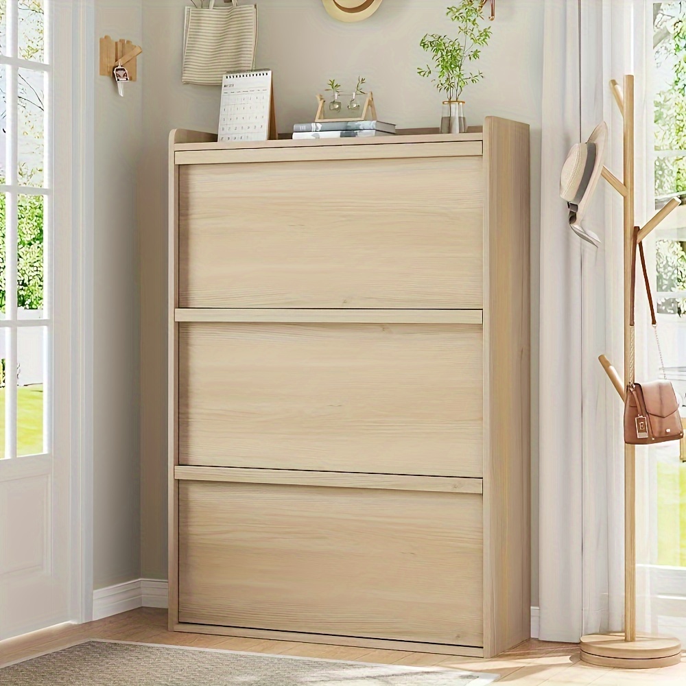 Narrow Shoe Storage Cabinet With 3 Flip Drawers, Farmhouse Flut