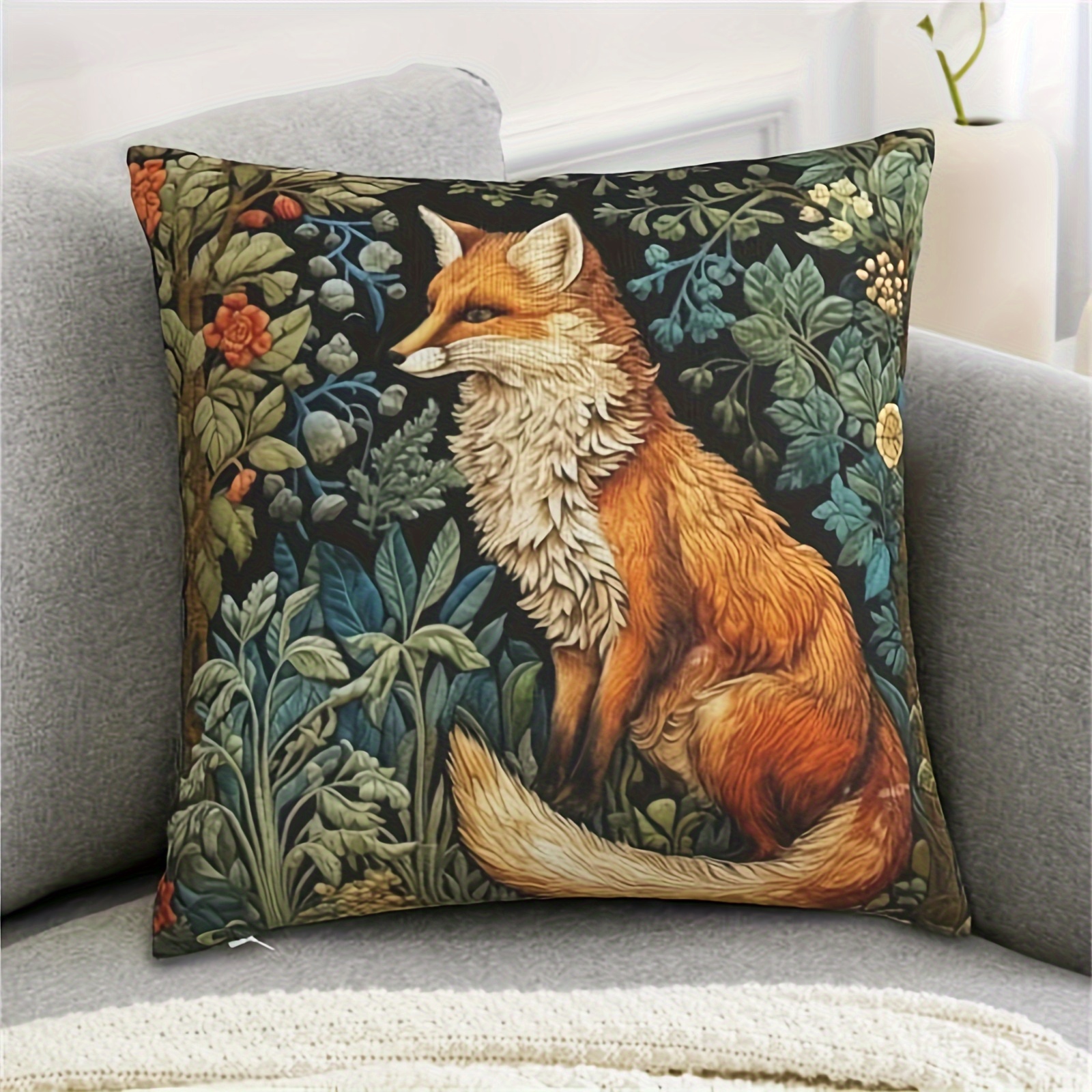 

Vintage Fox & Botany Print Pillowcase - Soft Short Plush, Zip Closure, Machine Washable - Valentine's Day & Christmas Decor, 18x18 Inches - Ideal For Any Room