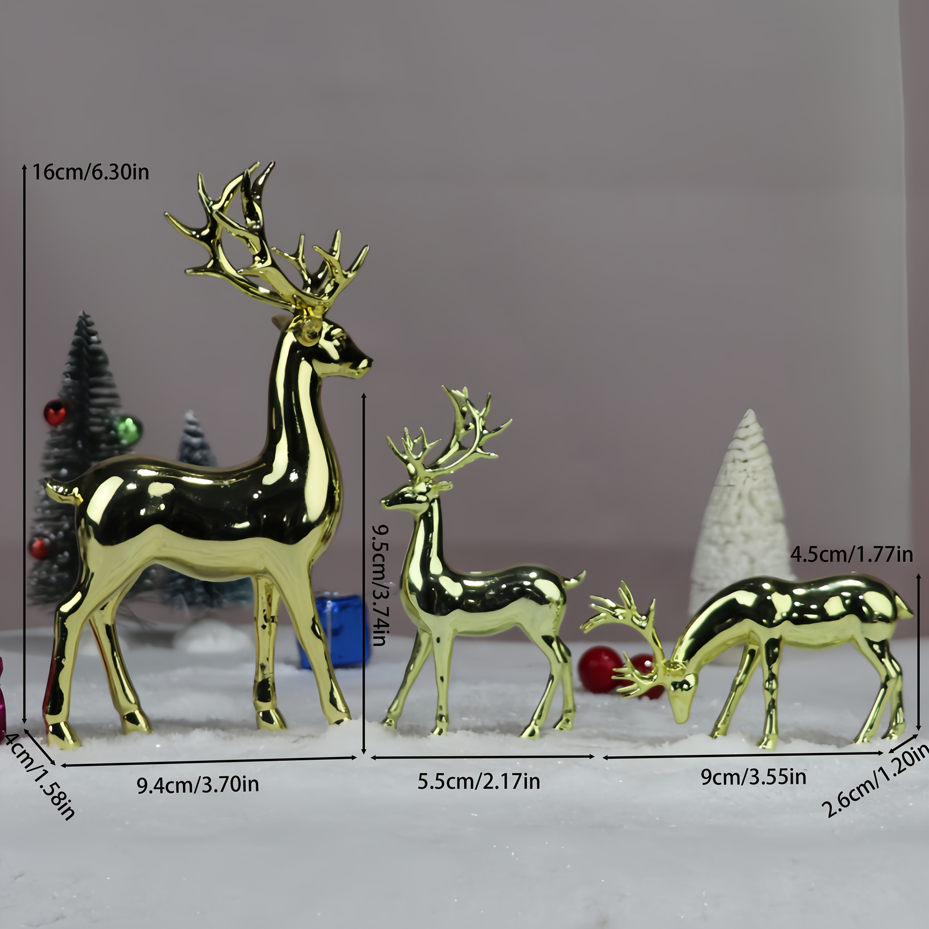 TEMU Three-piece Golden Christmas Reindeer Statue Set For Indoor Display – 1 Large Golden Reindeer And A Pair Of 2 Small Golden Reindeer, Synthetic